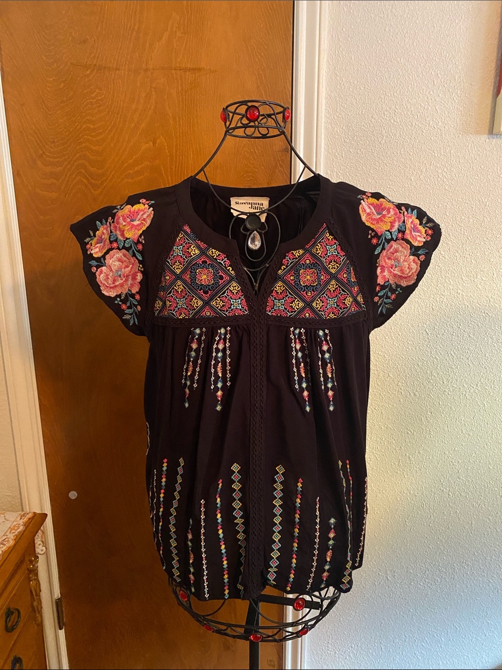Savanna Jane Black Embroidered Floral Large Top